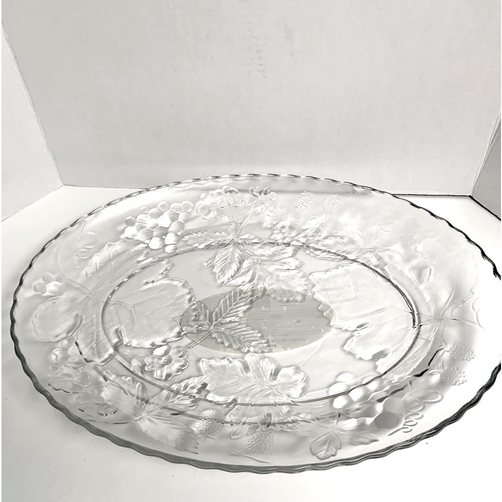 🌺ANCHOR HOCKING LG.CLEAR OVAL GLASS PLATTER TRAY PLATE FLOWERS/GRAPELEAVES NWOT - Picture 2 of 8